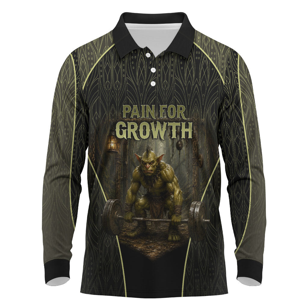 Personalized Muscular Goblin Weightlifting Long Sleeve Polo Shirt Pain For Growth Dark Fantasy Gym Graphic