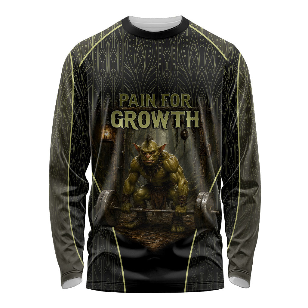 Personalized Muscular Goblin Weightlifting Long Sleeve Shirt Pain For Growth Dark Fantasy Gym Graphic