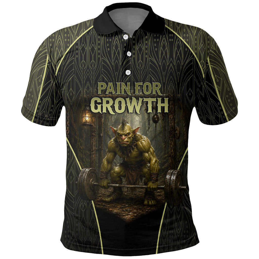 Personalized Muscular Goblin Weightlifting Polo Shirt Pain For Growth Dark Fantasy Gym Graphic