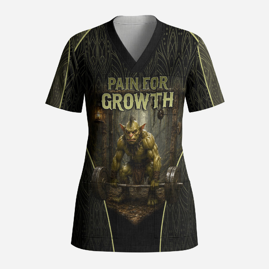 Personalized Muscular Goblin Weightlifting Scrub Top Pain For Growth Dark Fantasy Gym Graphic