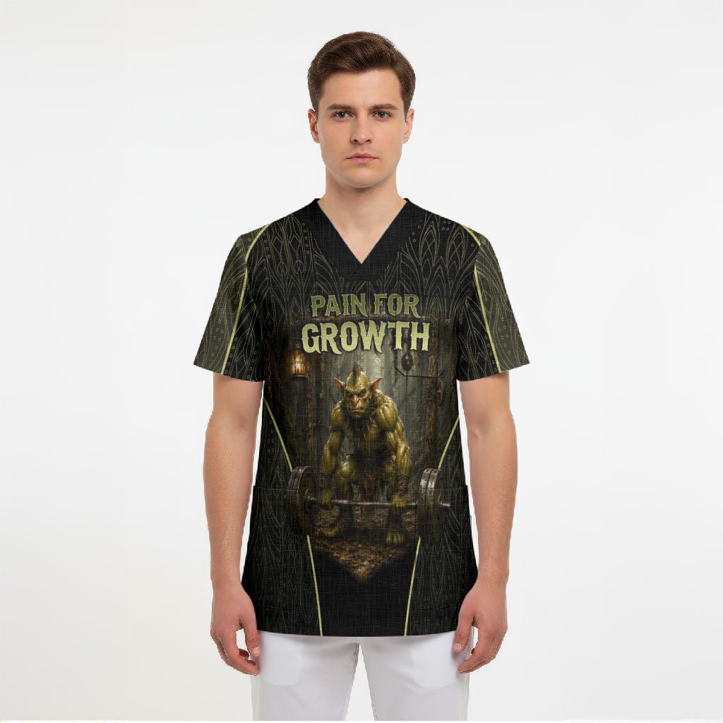 Personalized Muscular Goblin Weightlifting Scrub Top Pain For Growth Dark Fantasy Gym Graphic
