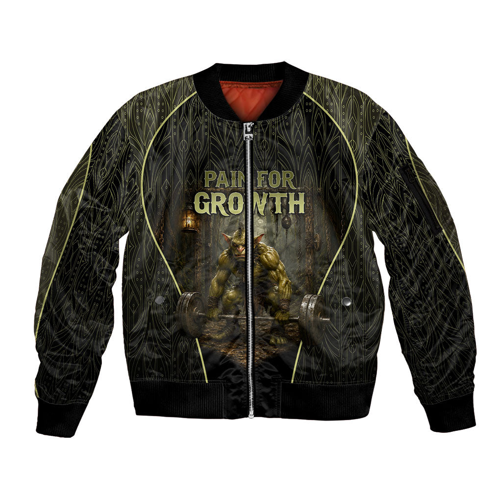 Personalized Muscular Goblin Weightlifting Sleeve Zip Bomber Jacket Pain For Growth Dark Fantasy Gym Graphic
