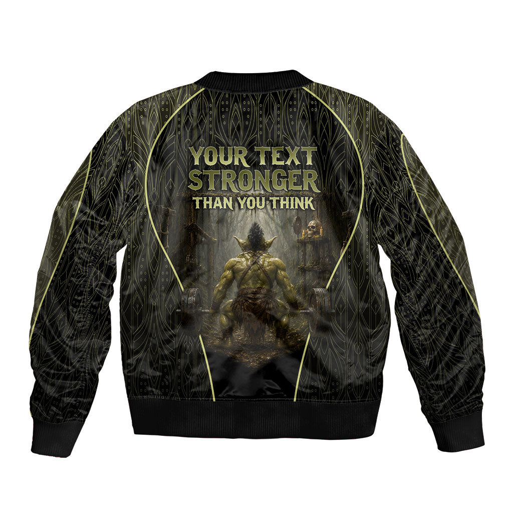 Personalized Muscular Goblin Weightlifting Sleeve Zip Bomber Jacket Pain For Growth Dark Fantasy Gym Graphic