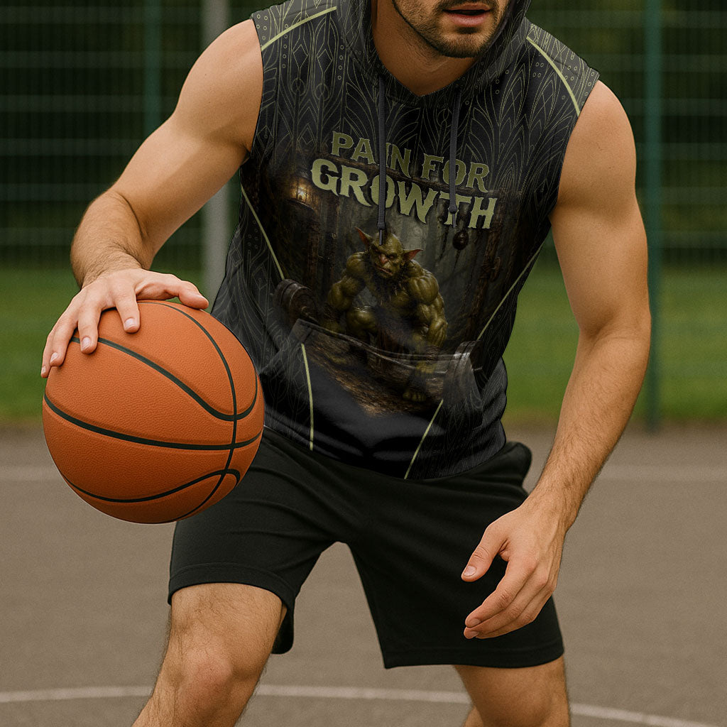 Personalized Muscular Goblin Weightlifting Sleeveless Hoodie Pain For Growth Dark Fantasy Gym Graphic
