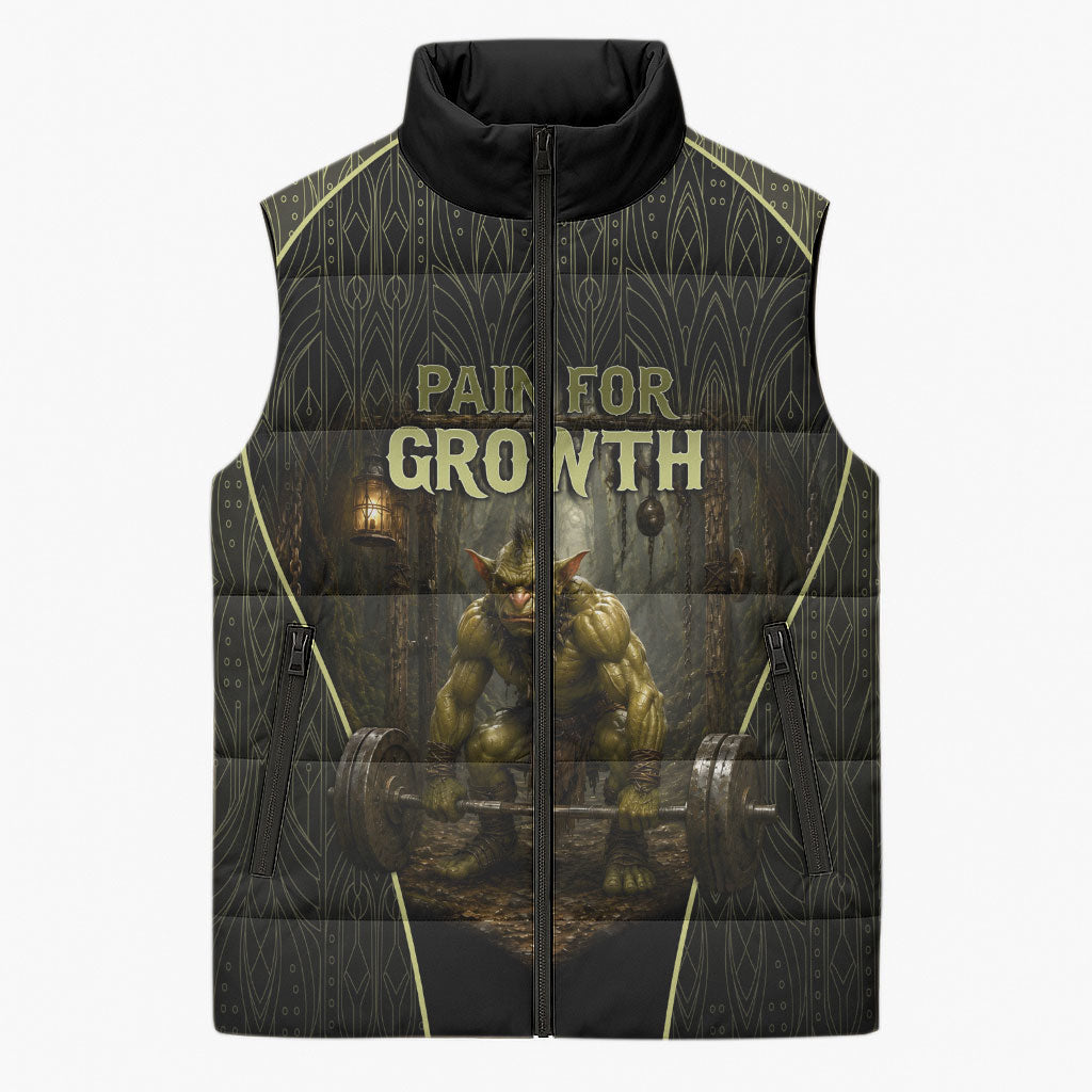 Personalized Muscular Goblin Weightlifting Sleeveless Puffer Jacket Pain For Growth Dark Fantasy Gym Graphic