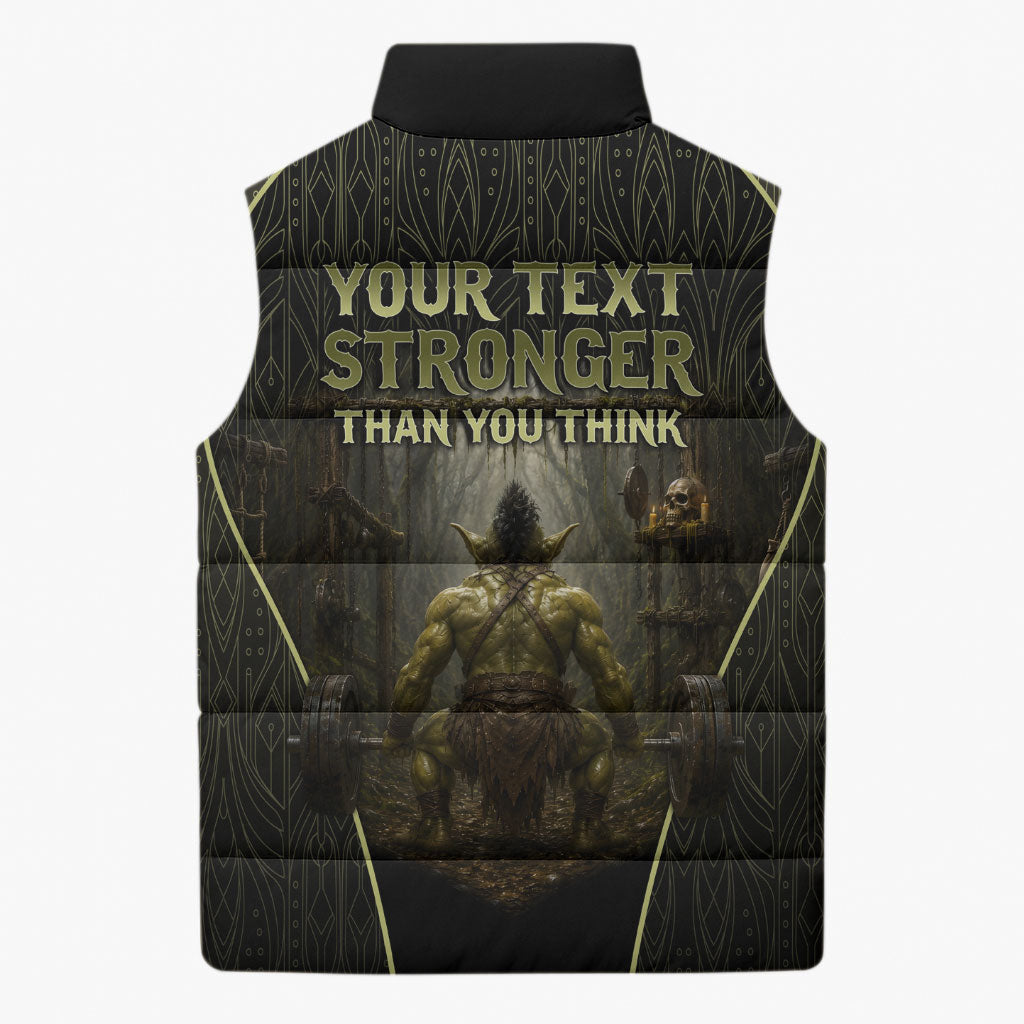 Personalized Muscular Goblin Weightlifting Sleeveless Puffer Jacket Pain For Growth Dark Fantasy Gym Graphic