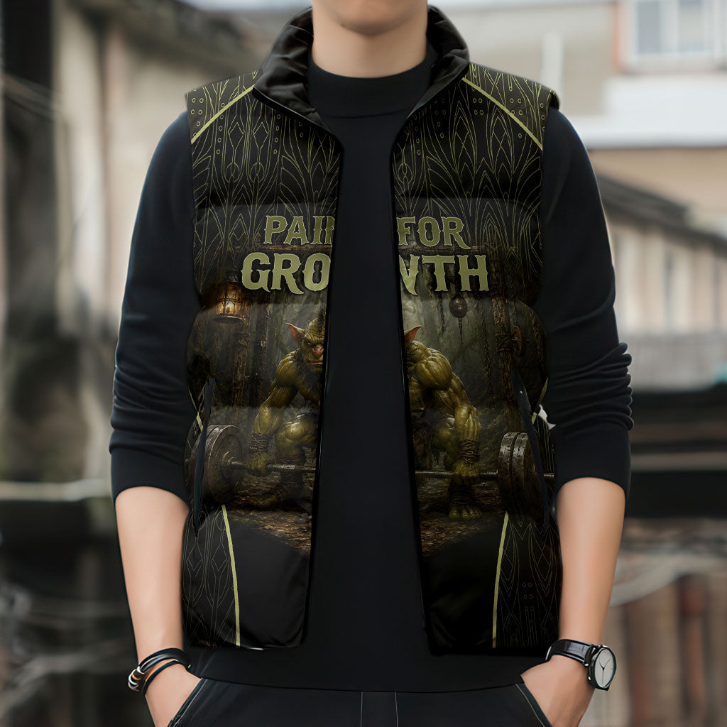 Personalized Muscular Goblin Weightlifting Sleeveless Puffer Jacket Pain For Growth Dark Fantasy Gym Graphic