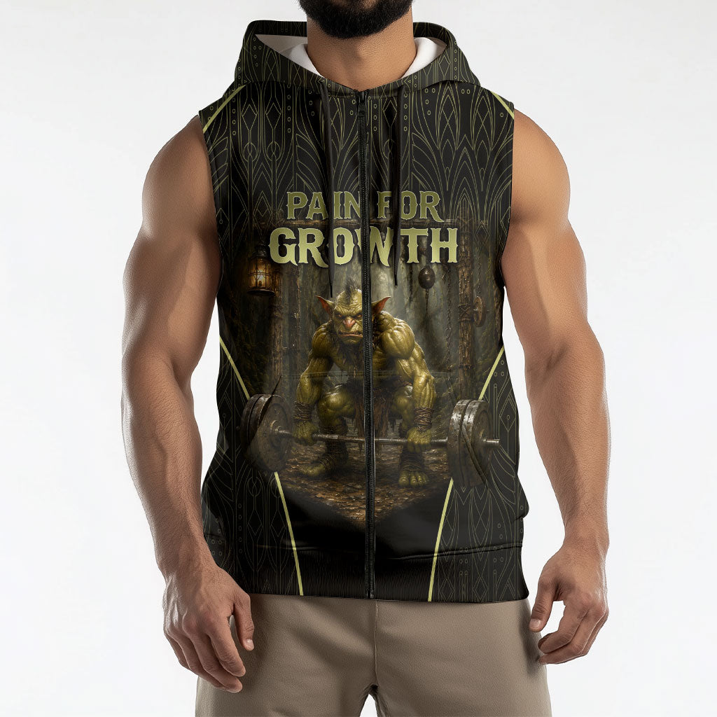 Personalized Muscular Goblin Weightlifting Sleeveless Zip Hoodie Pain For Growth Dark Fantasy Gym Graphic