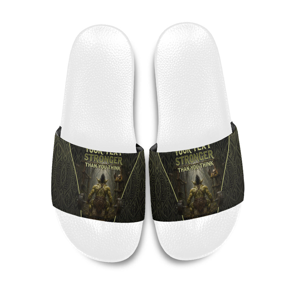 Personalized Muscular Goblin Weightlifting Slide Sandals Pain For Growth Dark Fantasy Gym Graphic