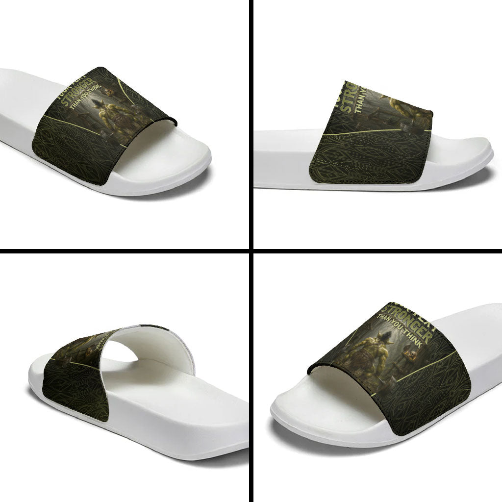 Personalized Muscular Goblin Weightlifting Slide Sandals Pain For Growth Dark Fantasy Gym Graphic
