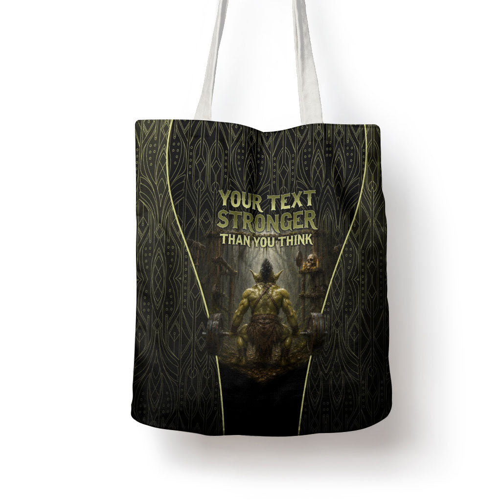 Personalized Muscular Goblin Weightlifting Tote Bag Pain For Growth Dark Fantasy Gym Graphic