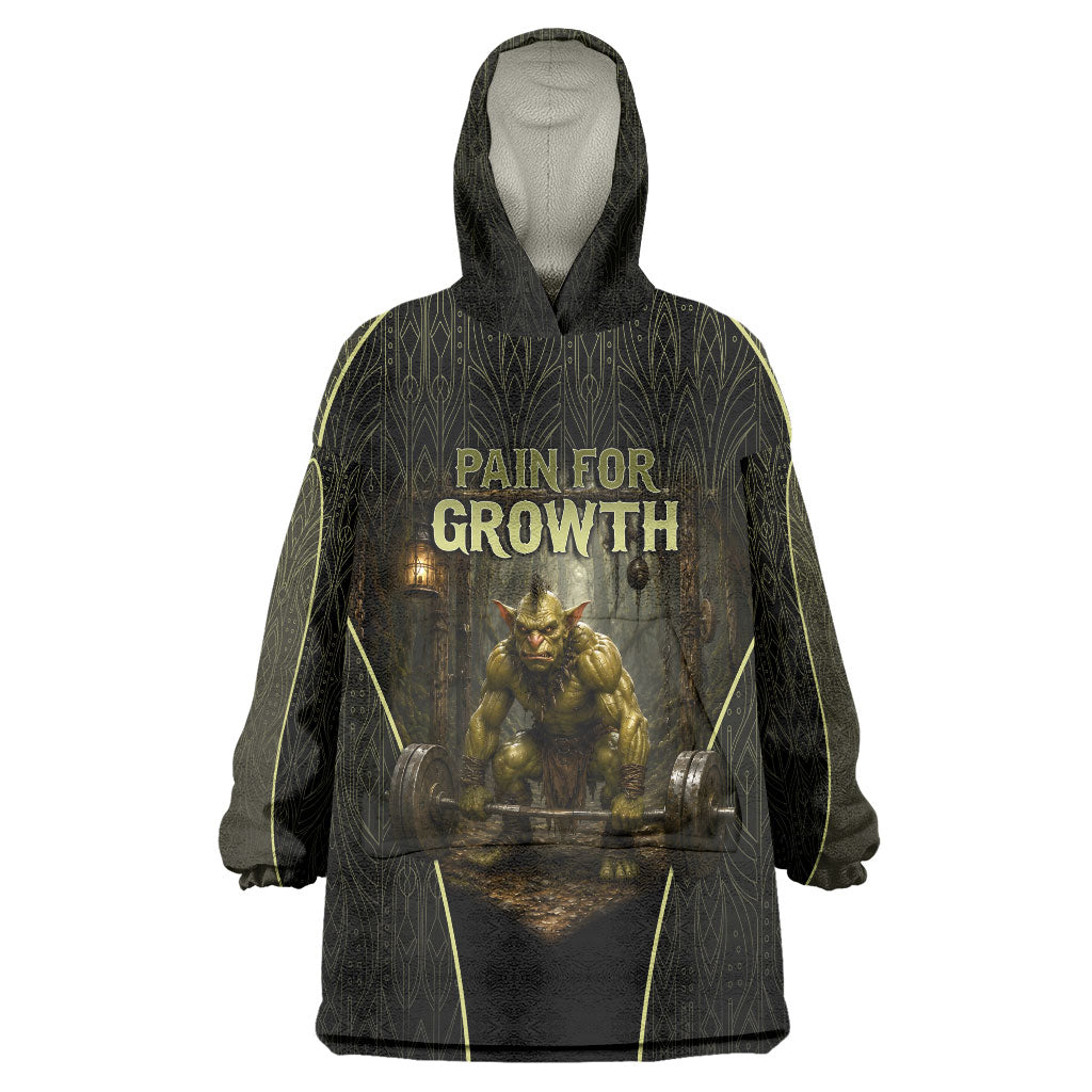 Personalized Muscular Goblin Weightlifting Wearable Blanket Hoodie Pain For Growth Dark Fantasy Gym Graphic