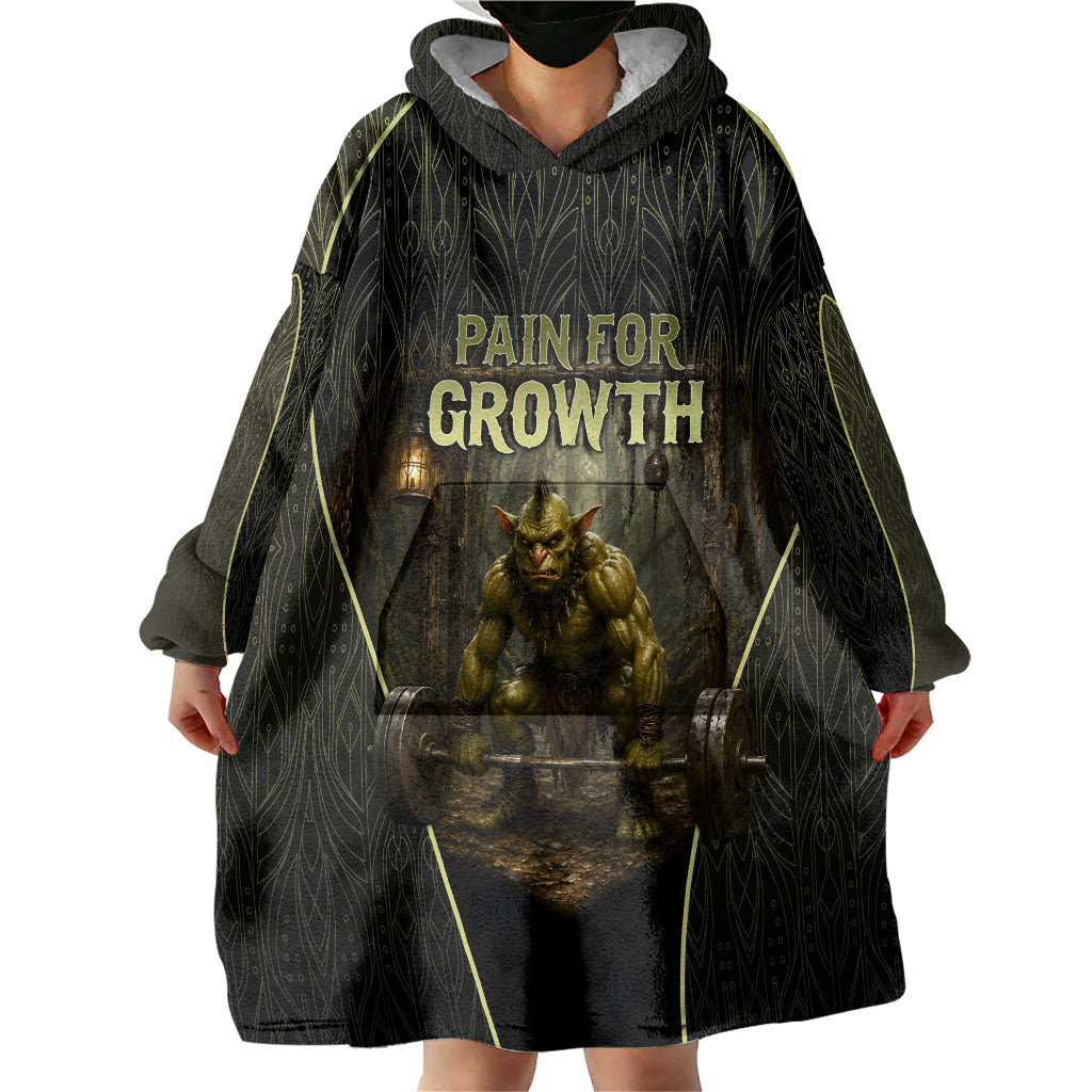 Personalized Muscular Goblin Weightlifting Wearable Blanket Hoodie Pain For Growth Dark Fantasy Gym Graphic