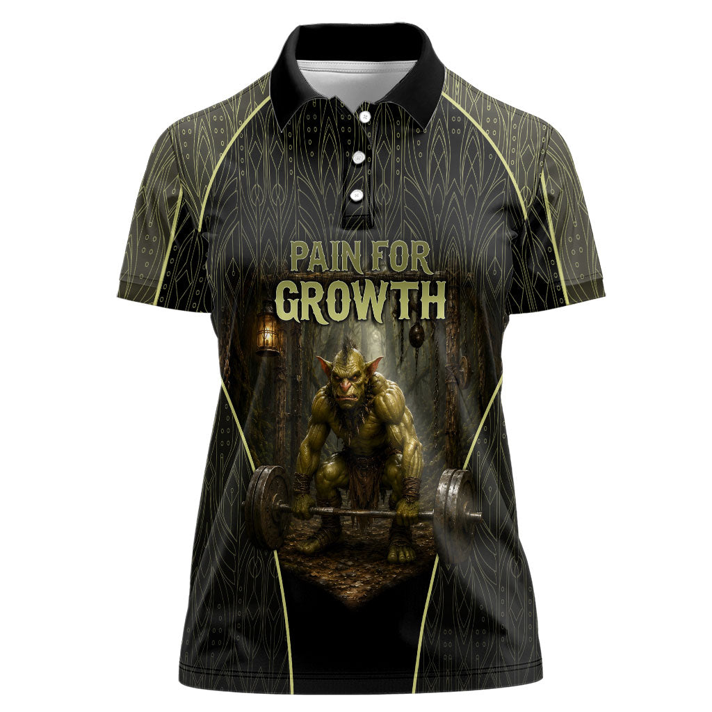 Personalized Muscular Goblin Weightlifting Women Polo Shirt Pain For Growth Dark Fantasy Gym Graphic