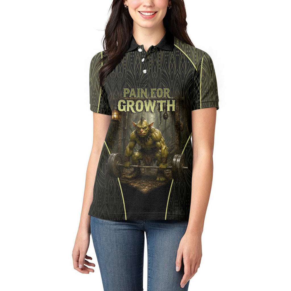 Personalized Muscular Goblin Weightlifting Women Polo Shirt Pain For Growth Dark Fantasy Gym Graphic