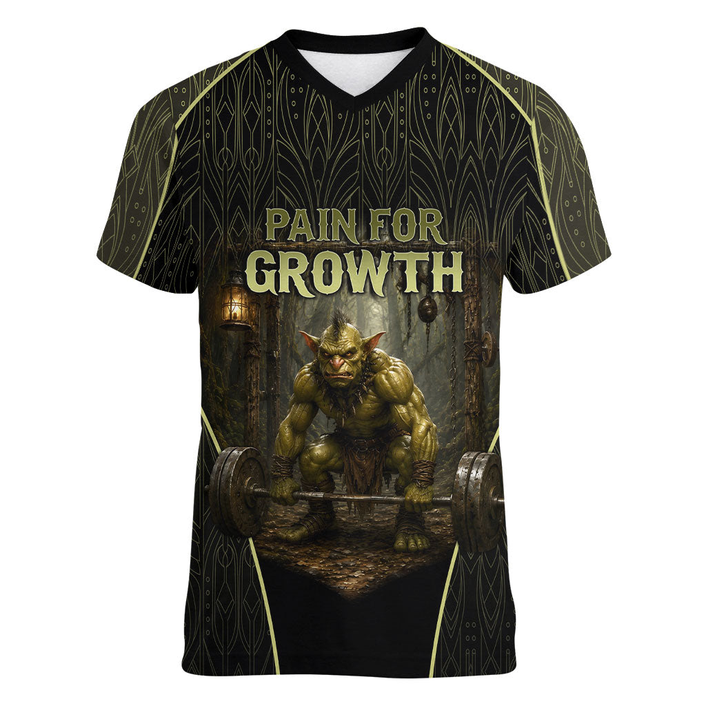 Personalized Muscular Goblin Weightlifting Women V-Neck T-Shirt Pain For Growth Dark Fantasy Gym Graphic