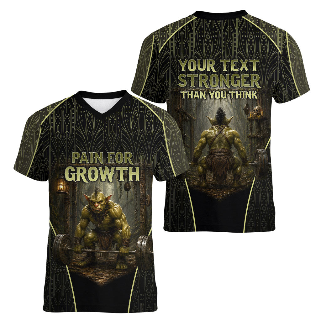 Personalized Muscular Goblin Weightlifting Women V-Neck T-Shirt Pain For Growth Dark Fantasy Gym Graphic