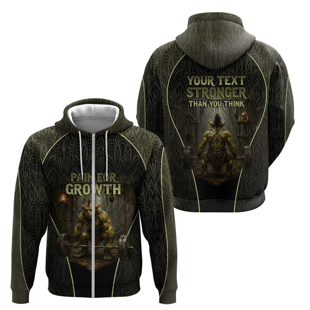Personalized Muscular Goblin Weightlifting Zip Hoodie Pain For Growth Dark Fantasy Gym Graphic