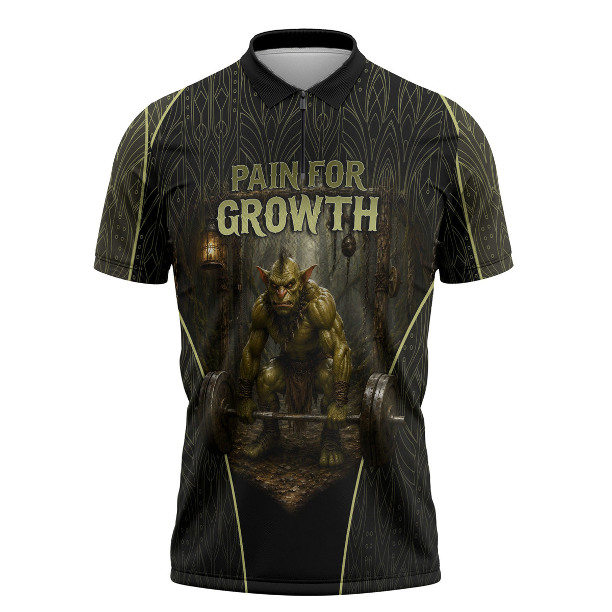 Personalized Muscular Goblin Weightlifting Zipper Polo Shirt Pain For Growth Dark Fantasy Gym Graphic