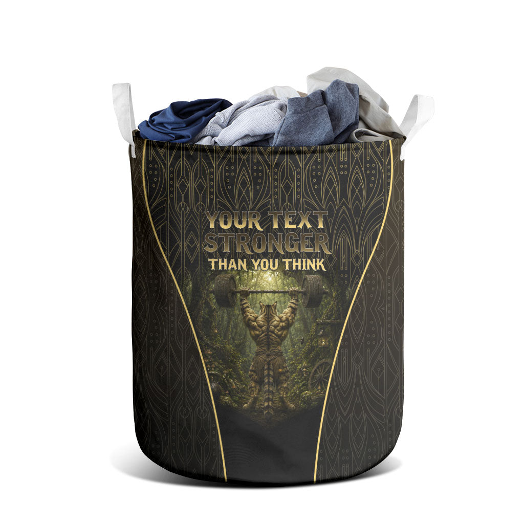 Personalized Muscular Cat Weightlifting Laundry Basket Pain For Growth Dark Fantasy Gym Graphic
