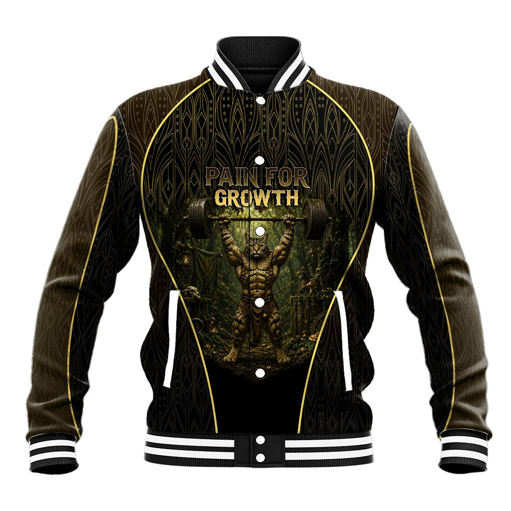 Personalized Muscular Cat Weightlifting Baseball Jacket Pain For Growth Dark Fantasy Gym Graphic