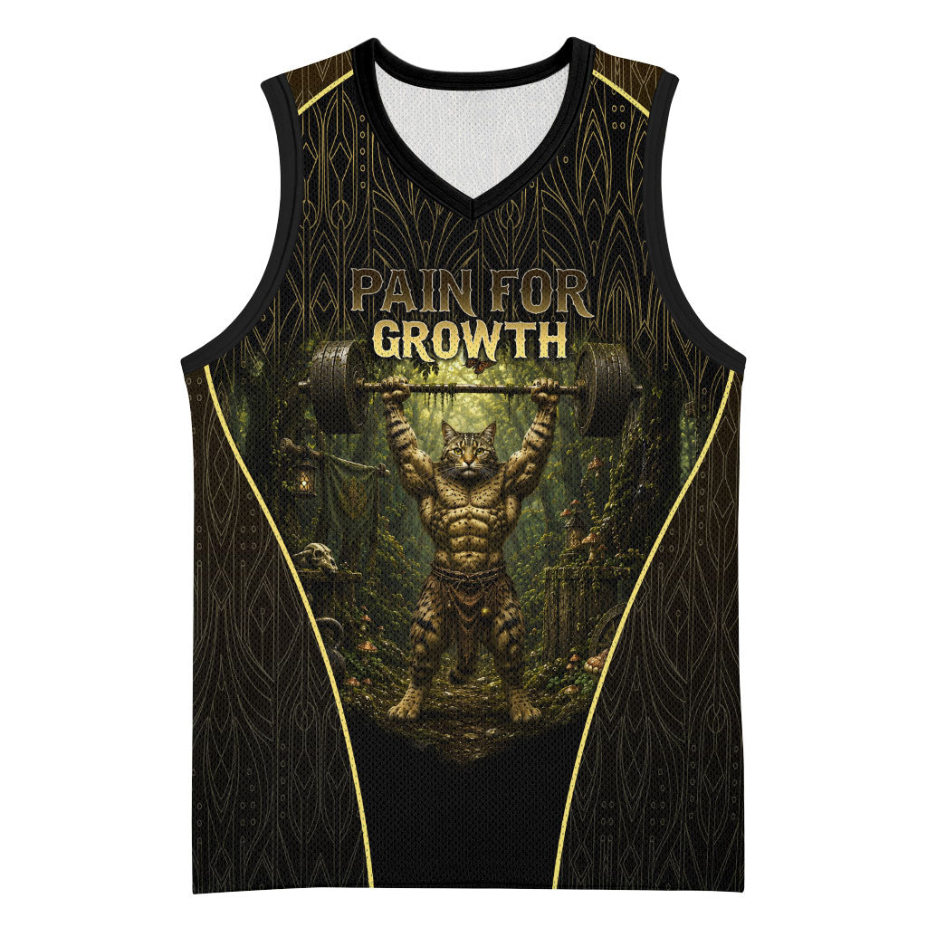 Personalized Muscular Cat Weightlifting Basketball Jersey Pain For Growth Dark Fantasy Gym Graphic
