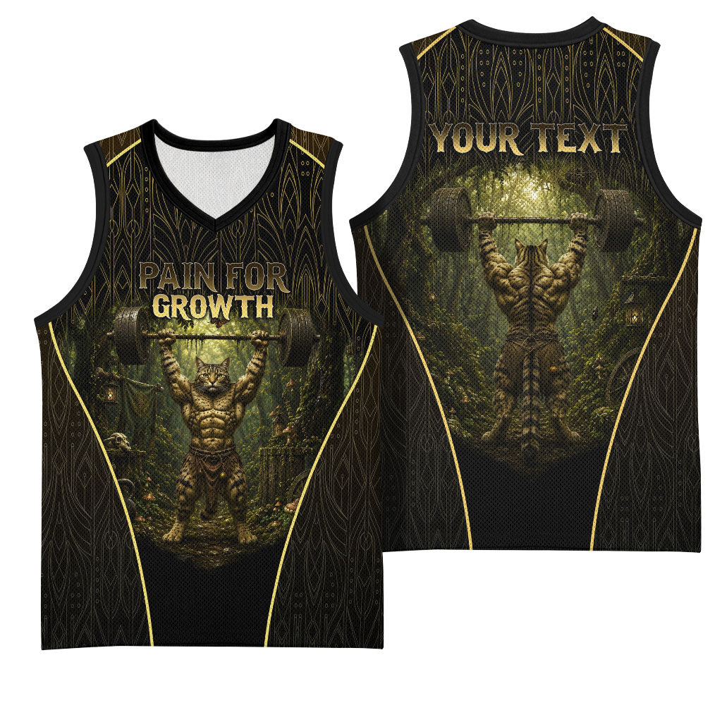 Personalized Muscular Cat Weightlifting Basketball Jersey Pain For Growth Dark Fantasy Gym Graphic