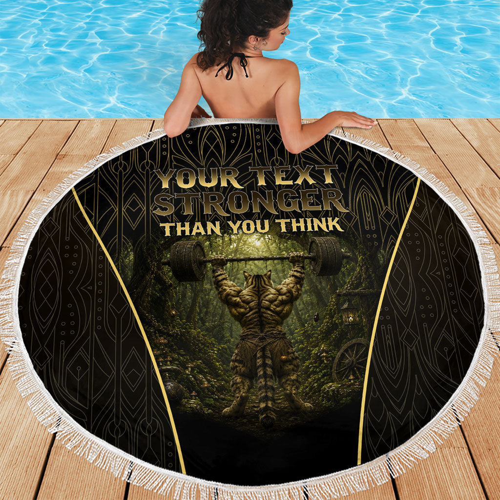 Personalized Muscular Cat Weightlifting Beach Blanket Pain For Growth Dark Fantasy Gym Graphic