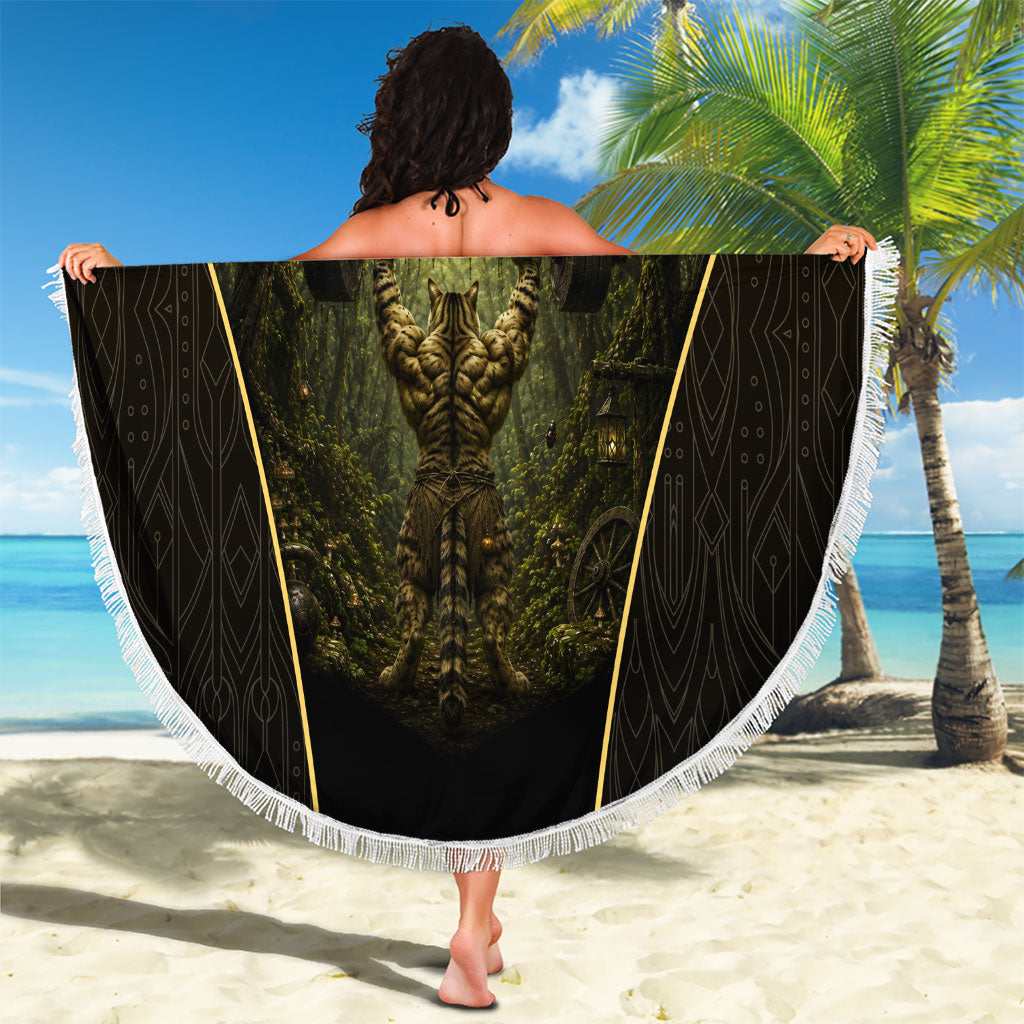 Personalized Muscular Cat Weightlifting Beach Blanket Pain For Growth Dark Fantasy Gym Graphic