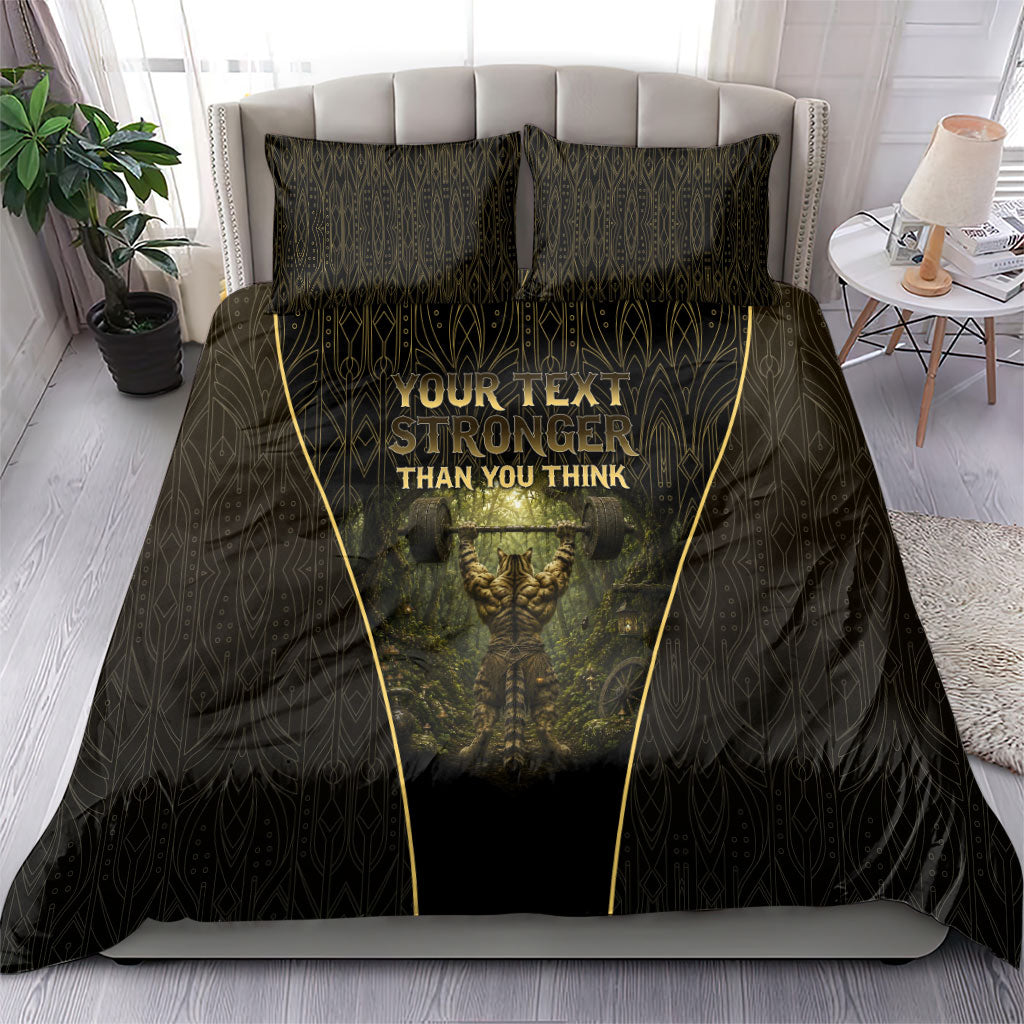 Personalized Muscular Cat Weightlifting Bedding Set Pain For Growth Dark Fantasy Gym Graphic