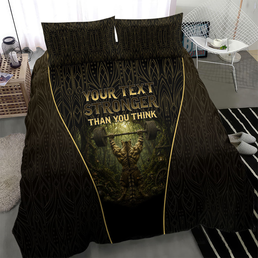 Personalized Muscular Cat Weightlifting Bedding Set Pain For Growth Dark Fantasy Gym Graphic