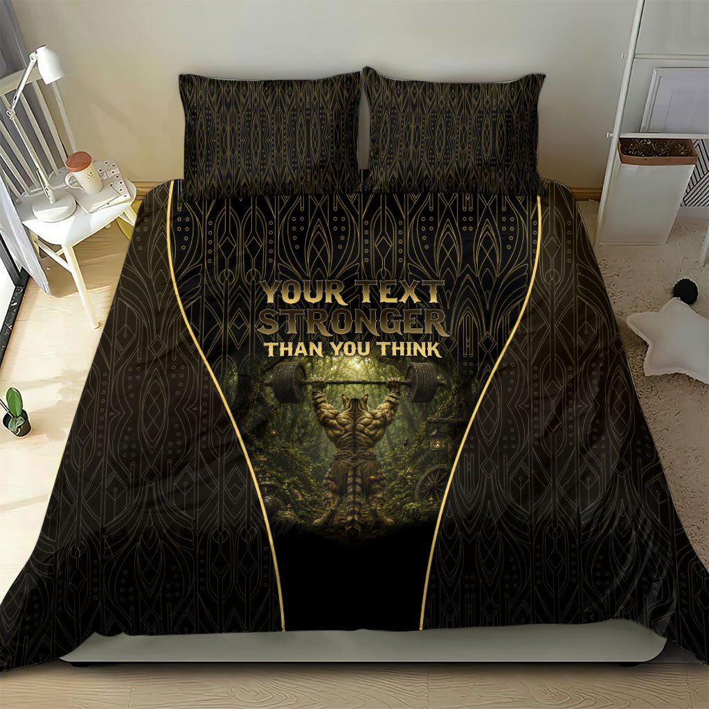 Personalized Muscular Cat Weightlifting Bedding Set Pain For Growth Dark Fantasy Gym Graphic