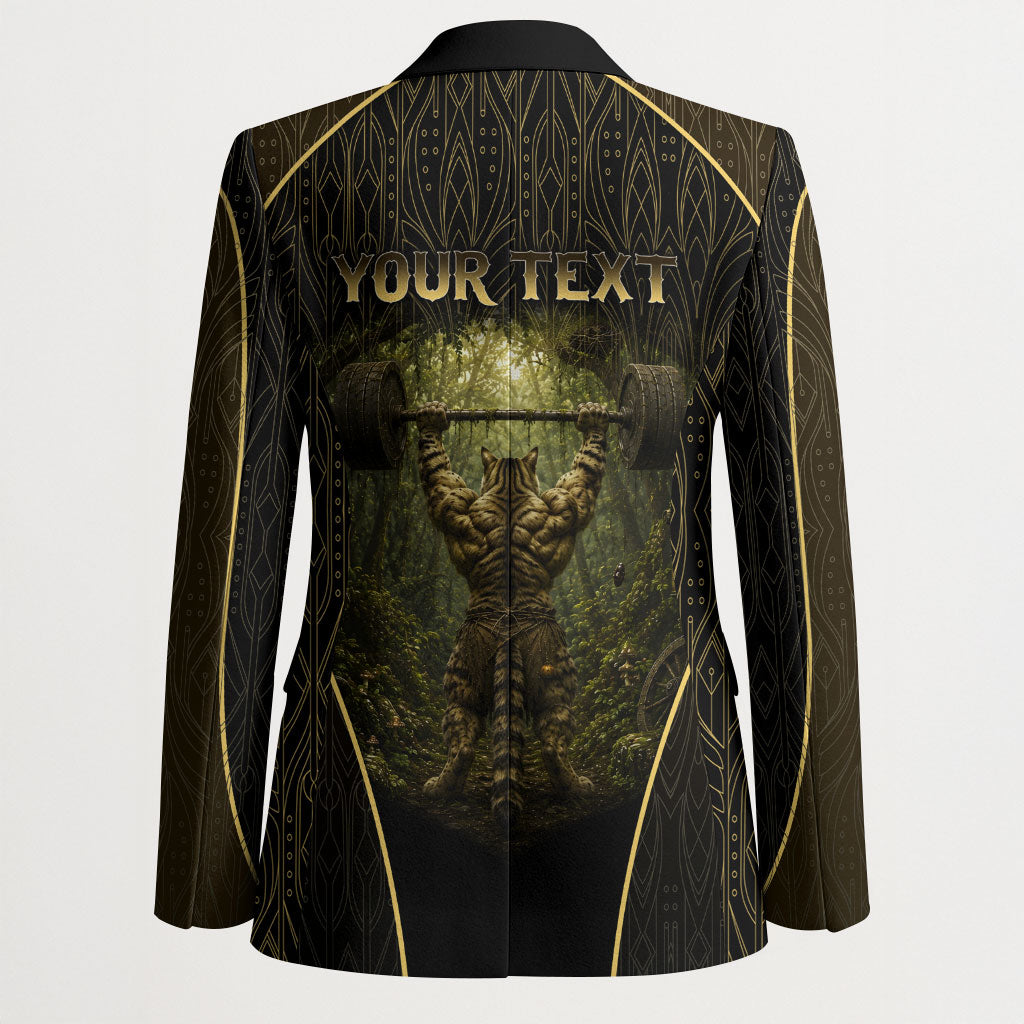Personalized Muscular Cat Weightlifting Blazer Pain For Growth Dark Fantasy Gym Graphic