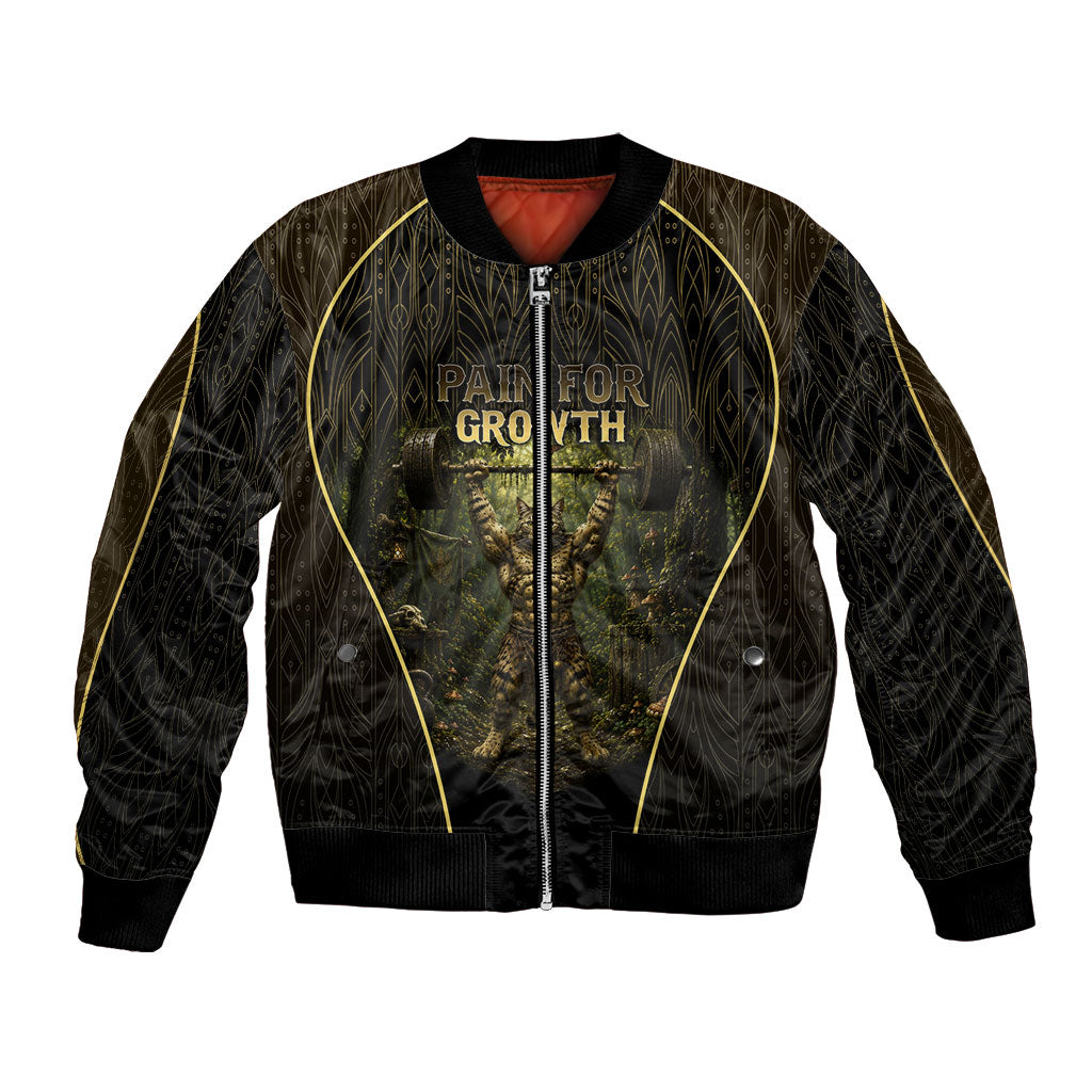 Personalized Muscular Cat Weightlifting Bomber Jacket Pain For Growth Dark Fantasy Gym Graphic