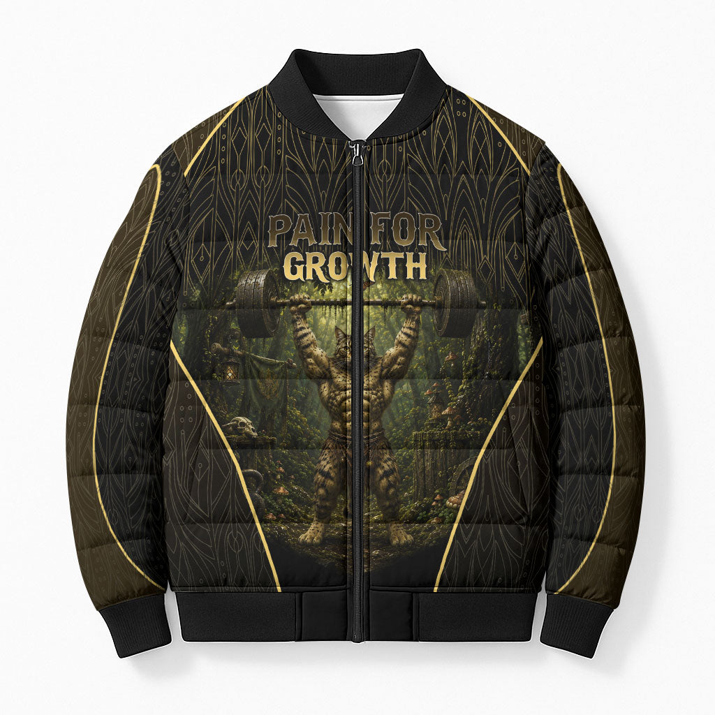 Personalized Muscular Cat Weightlifting Bomber Puffer Jacket Pain For Growth Dark Fantasy Gym Graphic