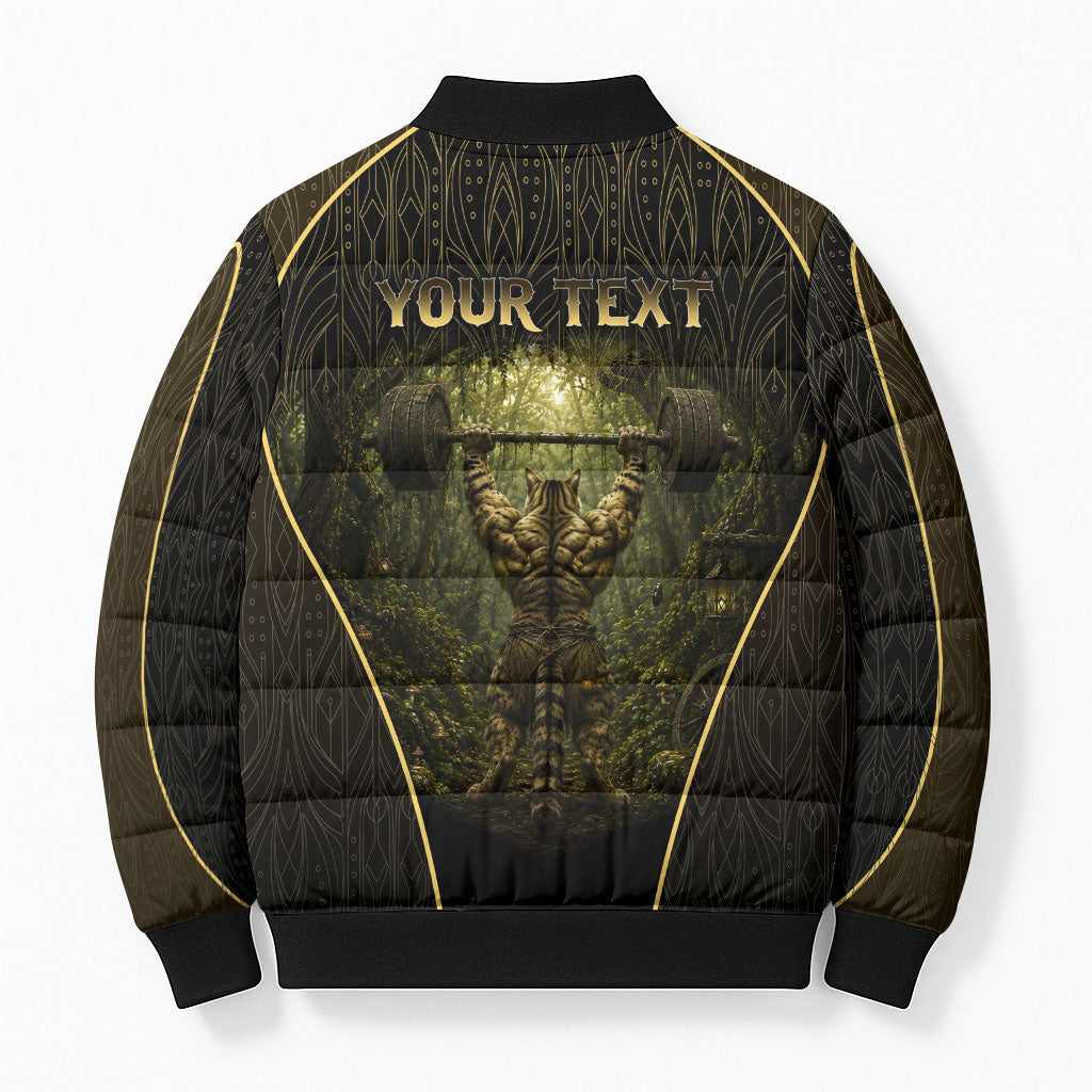 Personalized Muscular Cat Weightlifting Bomber Puffer Jacket Pain For Growth Dark Fantasy Gym Graphic
