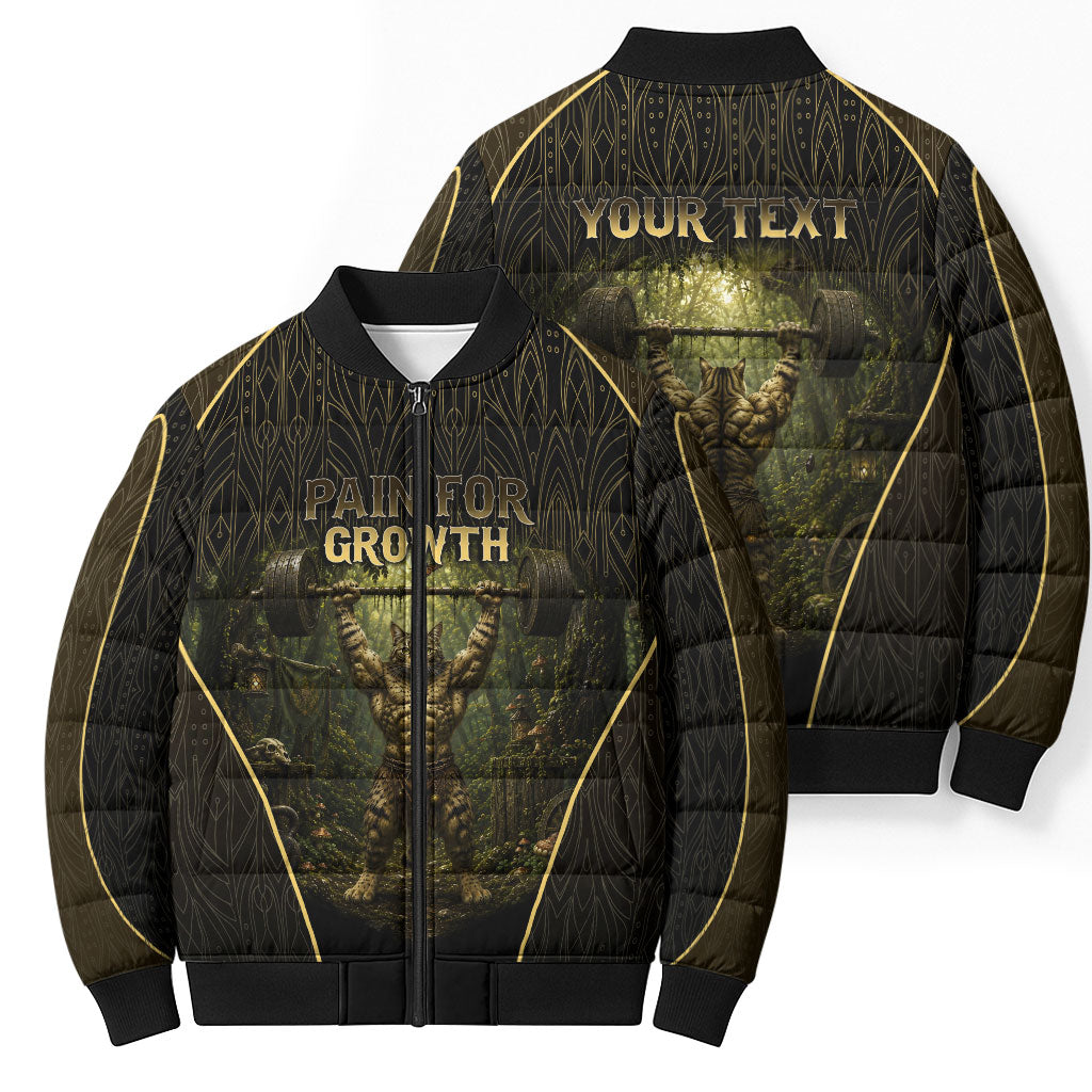 Personalized Muscular Cat Weightlifting Bomber Puffer Jacket Pain For Growth Dark Fantasy Gym Graphic