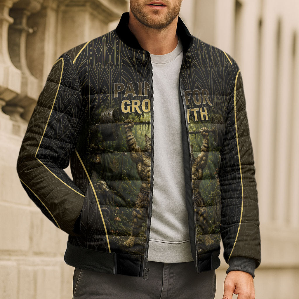 Personalized Muscular Cat Weightlifting Bomber Puffer Jacket Pain For Growth Dark Fantasy Gym Graphic