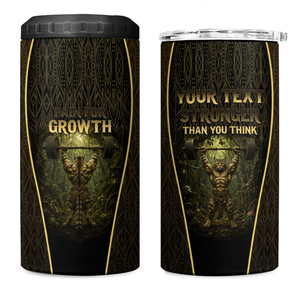 Personalized Muscular Cat Weightlifting 4 in 1 Can Cooler Tumbler Pain For Growth Dark Fantasy Gym Graphic