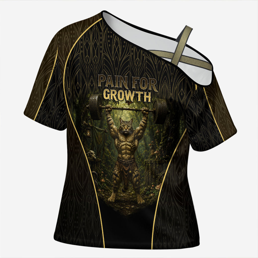 Personalized Muscular Cat Weightlifting Cross Shoulder Shirt Pain For Growth Dark Fantasy Gym Graphic