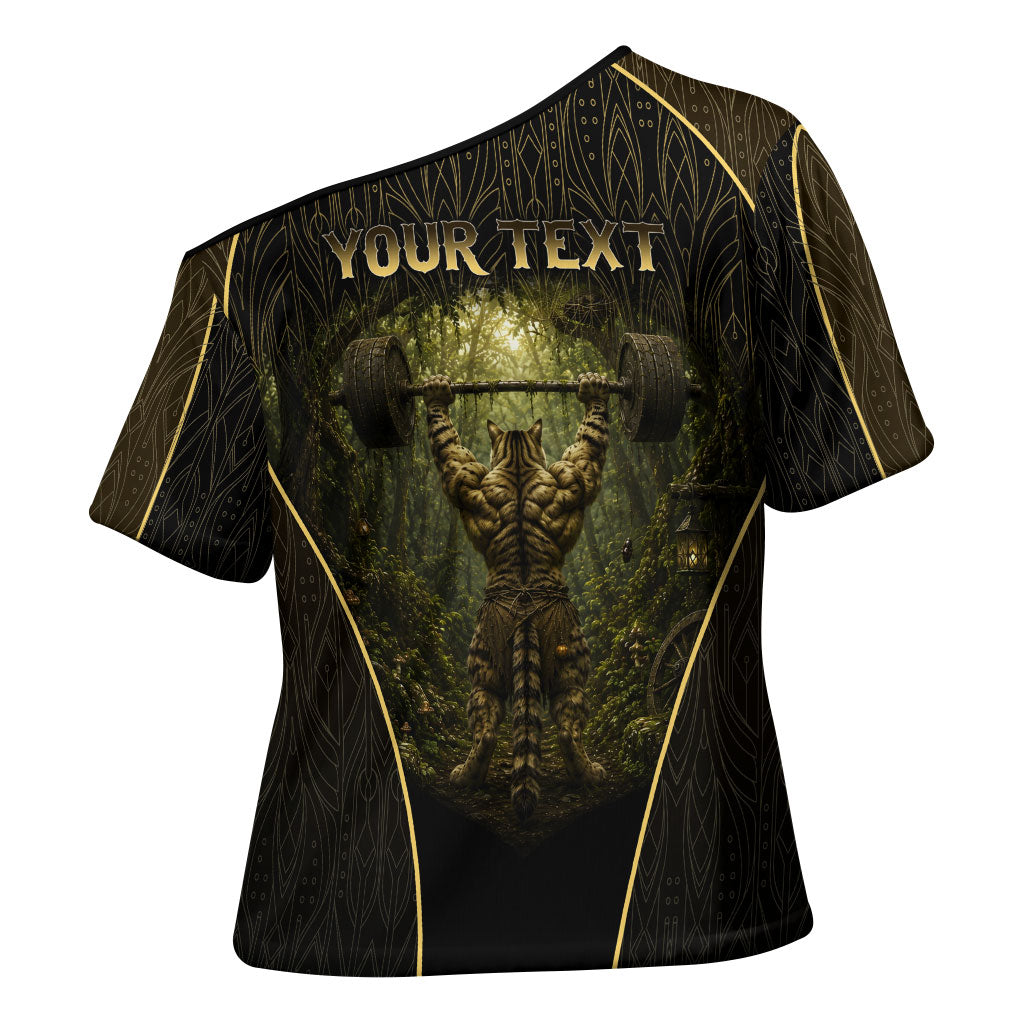 Personalized Muscular Cat Weightlifting Cross Shoulder Shirt Pain For Growth Dark Fantasy Gym Graphic