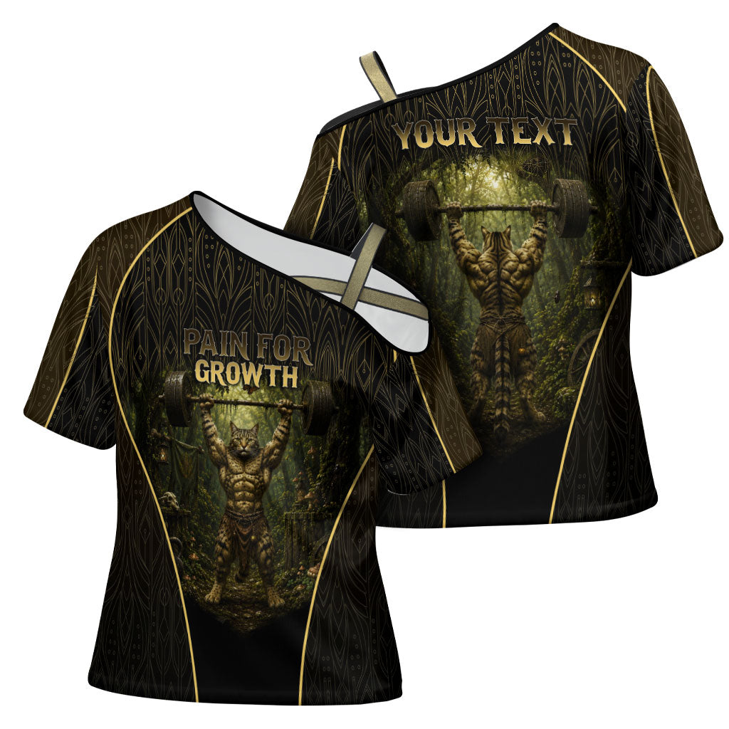 Personalized Muscular Cat Weightlifting Cross Shoulder Shirt Pain For Growth Dark Fantasy Gym Graphic