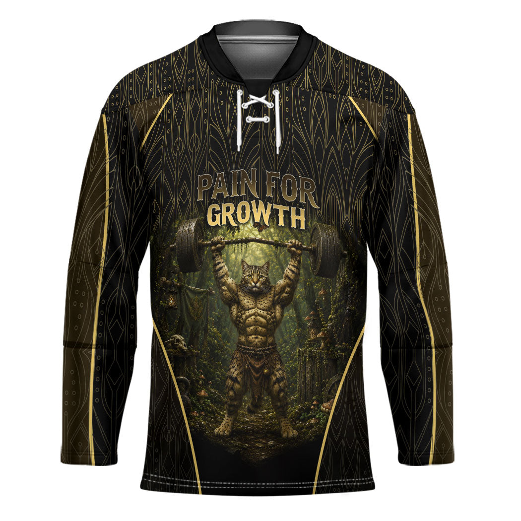 Personalized Muscular Cat Weightlifting Hockey Jersey Pain For Growth Dark Fantasy Gym Graphic