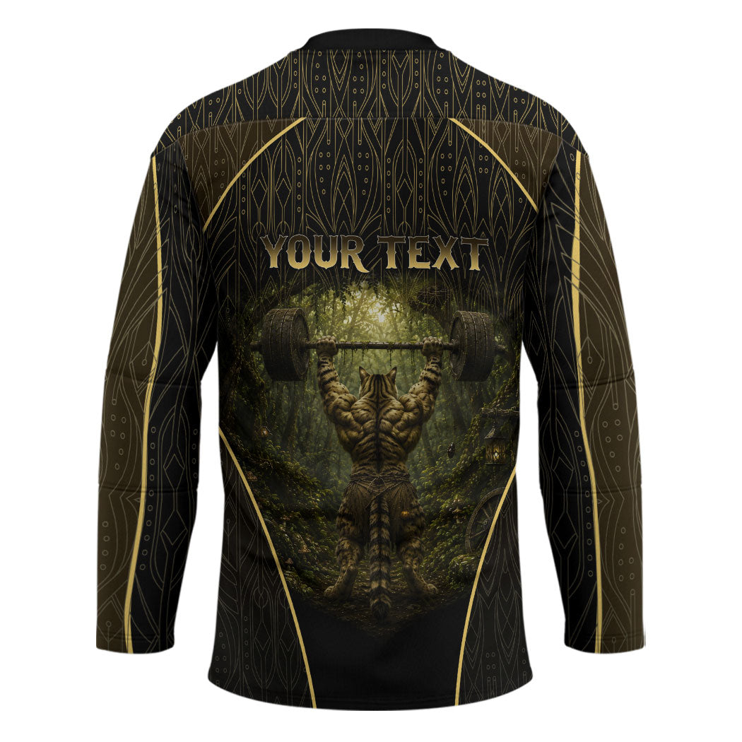Personalized Muscular Cat Weightlifting Hockey Jersey Pain For Growth Dark Fantasy Gym Graphic
