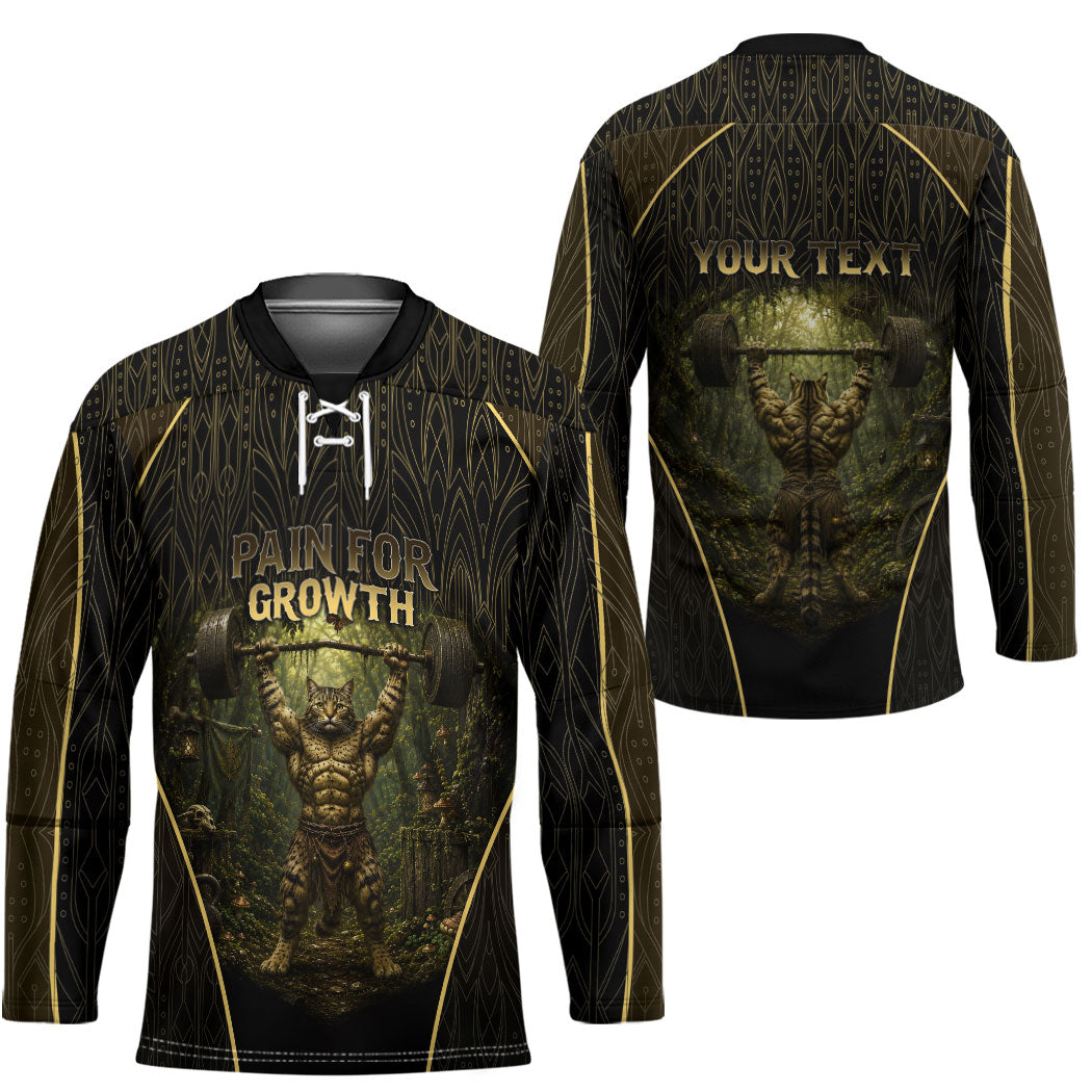 Personalized Muscular Cat Weightlifting Hockey Jersey Pain For Growth Dark Fantasy Gym Graphic