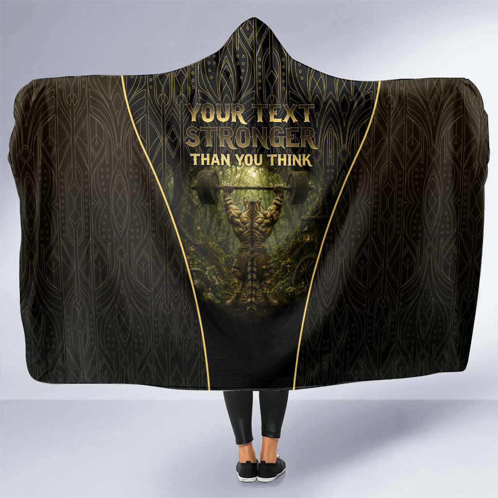 Personalized Muscular Cat Weightlifting Hooded Blanket Pain For Growth Dark Fantasy Gym Graphic