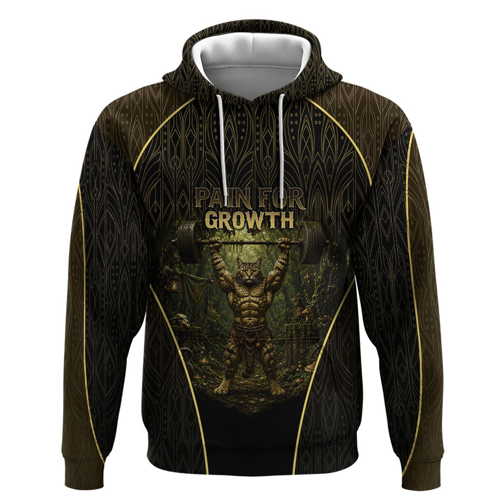 Personalized Muscular Cat Weightlifting Hoodie Pain For Growth Dark Fantasy Gym Graphic