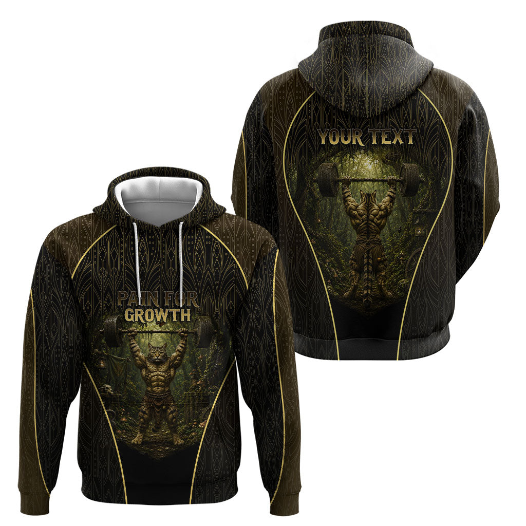 Personalized Muscular Cat Weightlifting Hoodie Pain For Growth Dark Fantasy Gym Graphic