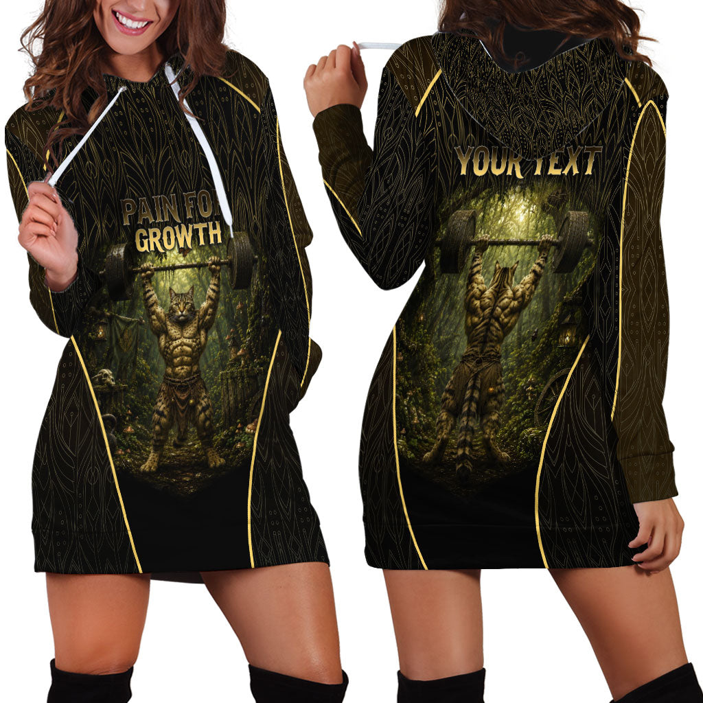 Personalized Muscular Cat Weightlifting Hoodie Dress Pain For Growth Dark Fantasy Gym Graphic