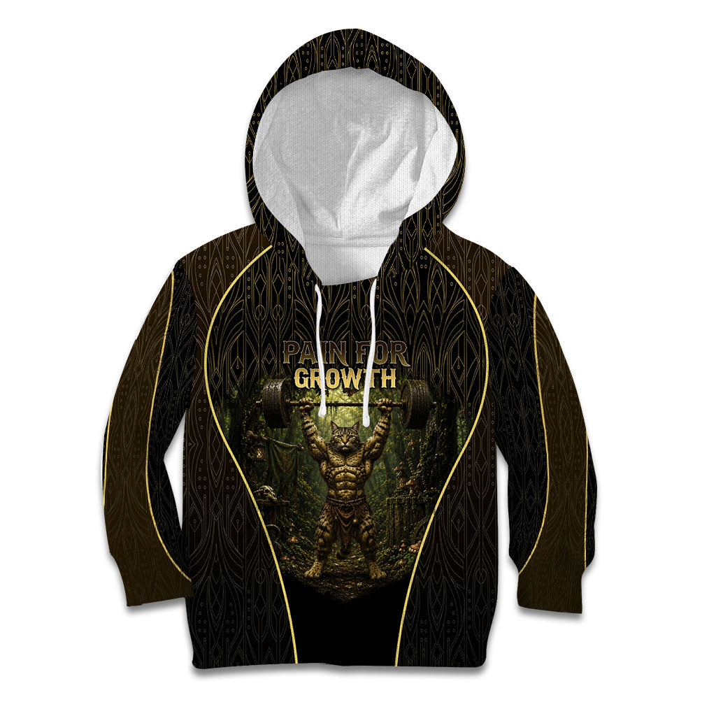 Personalized Muscular Cat Weightlifting Kid Hoodie Pain For Growth Dark Fantasy Gym Graphic